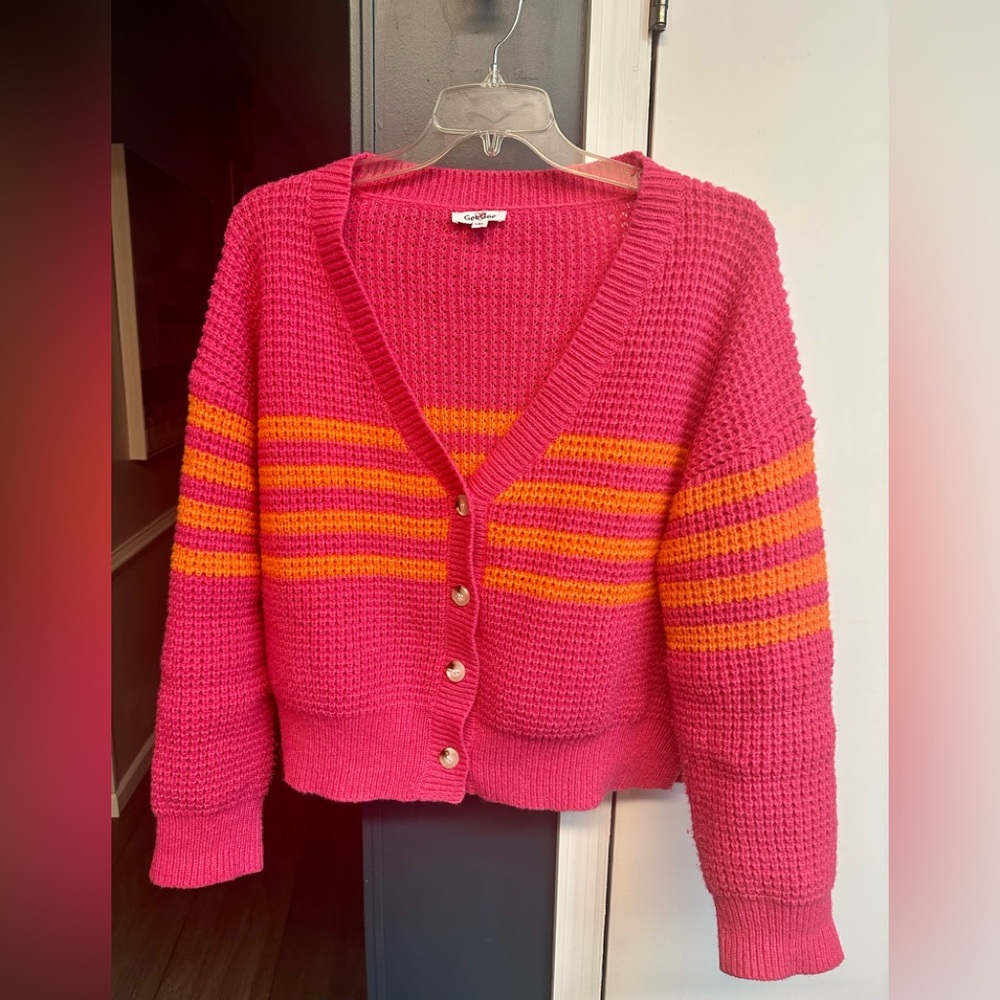 Vibrant Pink and Orange Striped Cardigan Sweater